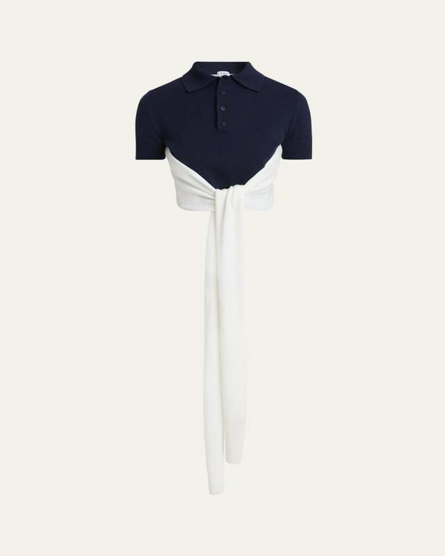 Colorblock Cropped Backless Wool Cashmere Polo Sweater with Self-Tie